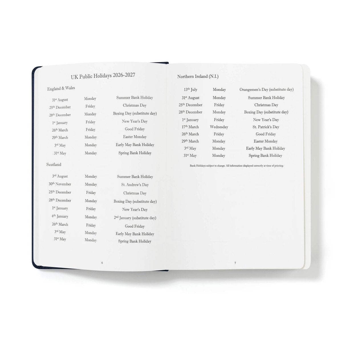 Mid-year executive journal open to holidays schedule for UK and Northern Ireland