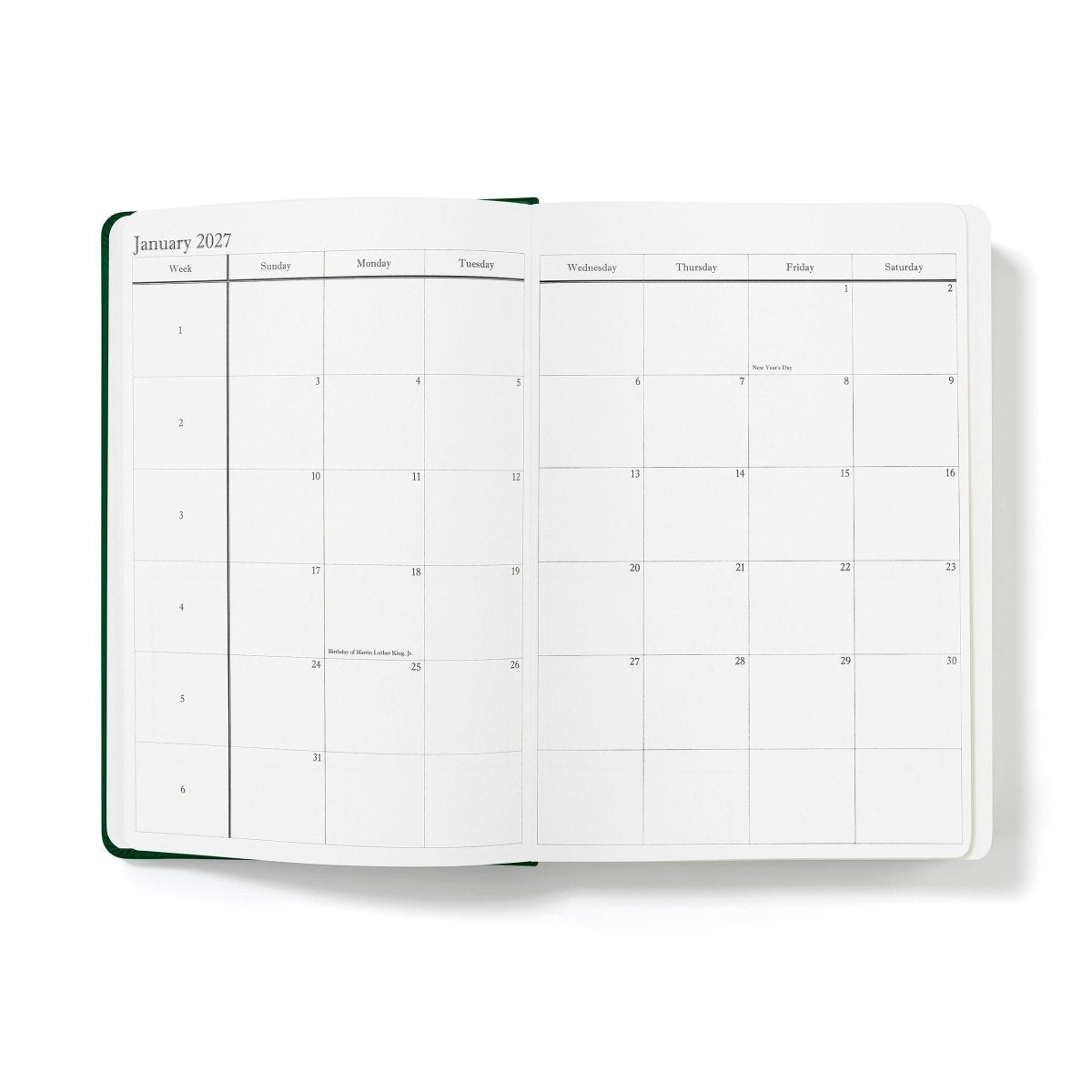 Green-edged open planner with January monthly calendar grid