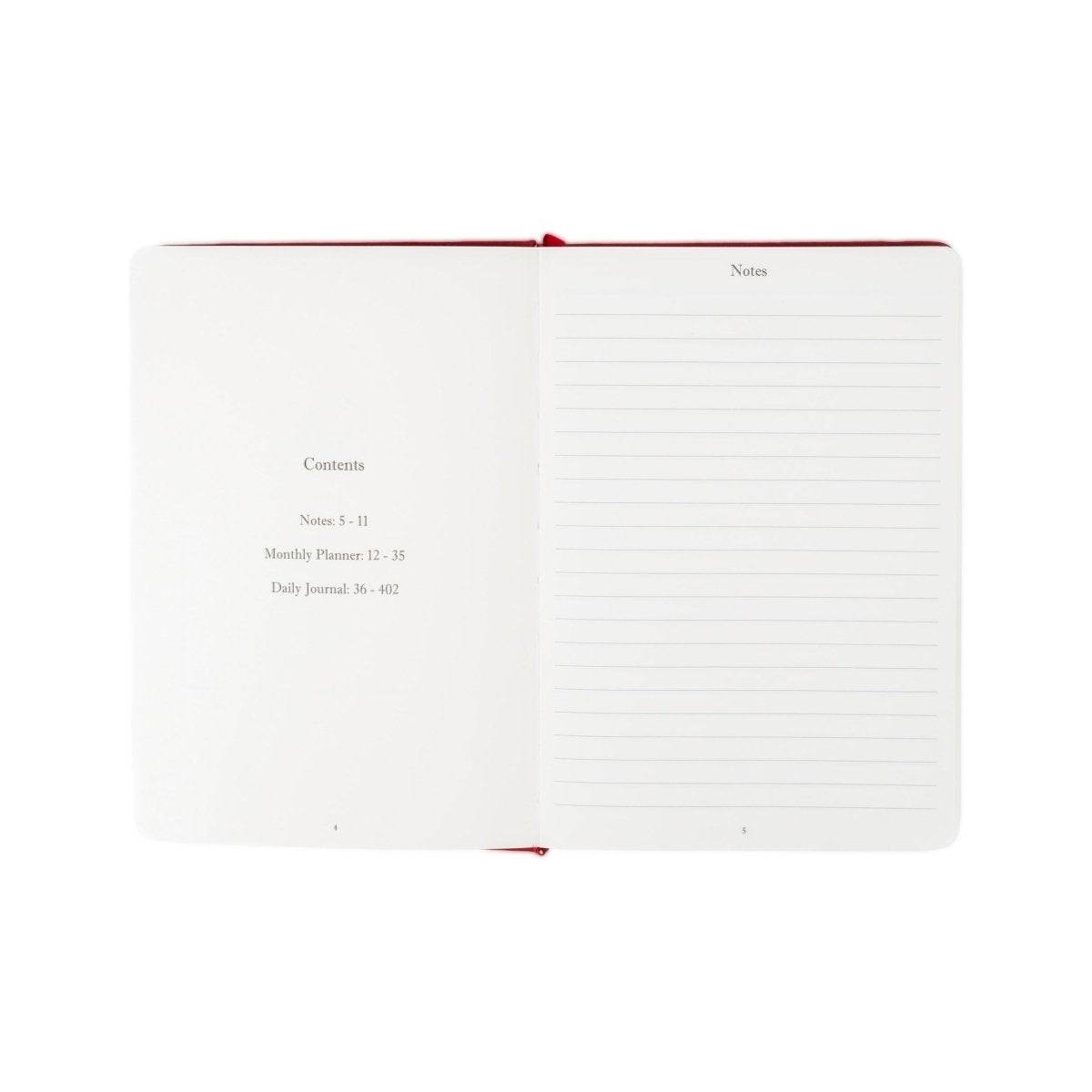 Undated executive journal opened flat, contents list and blank lined notes