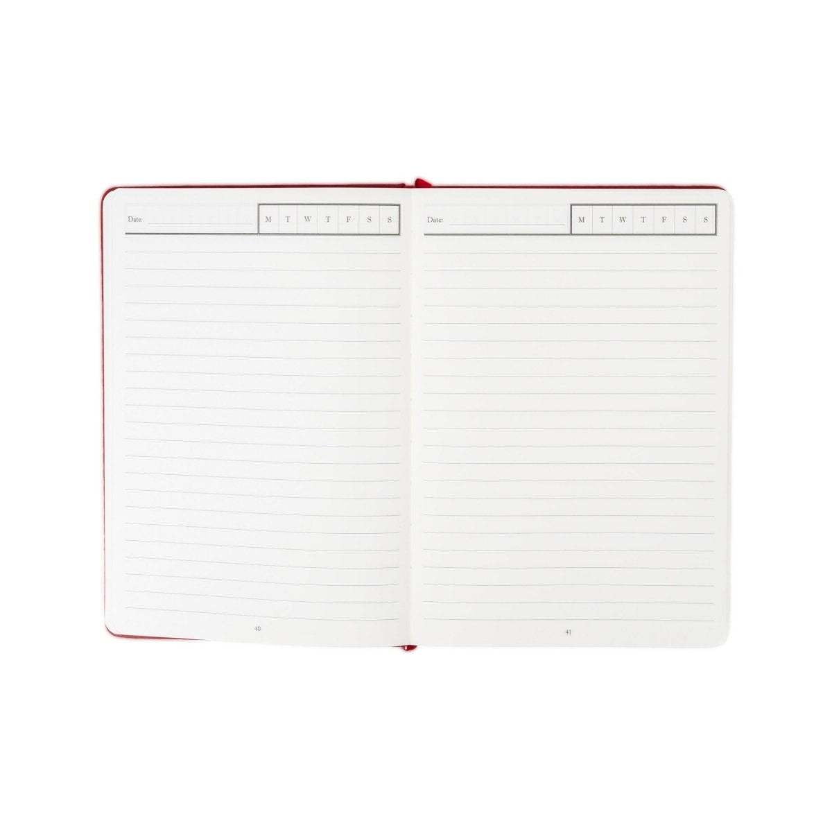 Undated planner journal opened to ruled pages with date header boxes.
