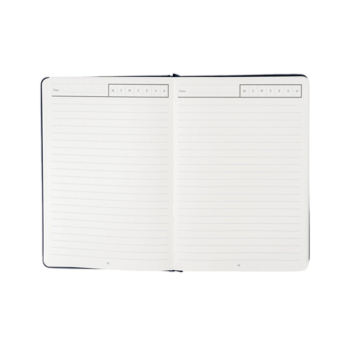 Undated planner journal opened to ruled pages with header day labels.