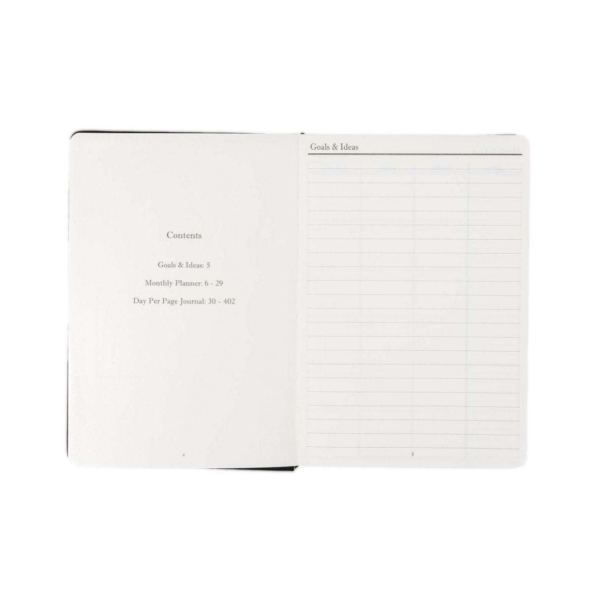 Undated executive journal open to contents and lined goals and ideas page