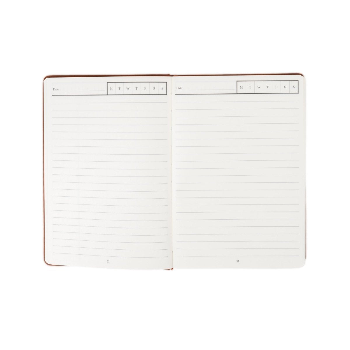 Undated planner journal with lined pages, brown-edged cover, open view.