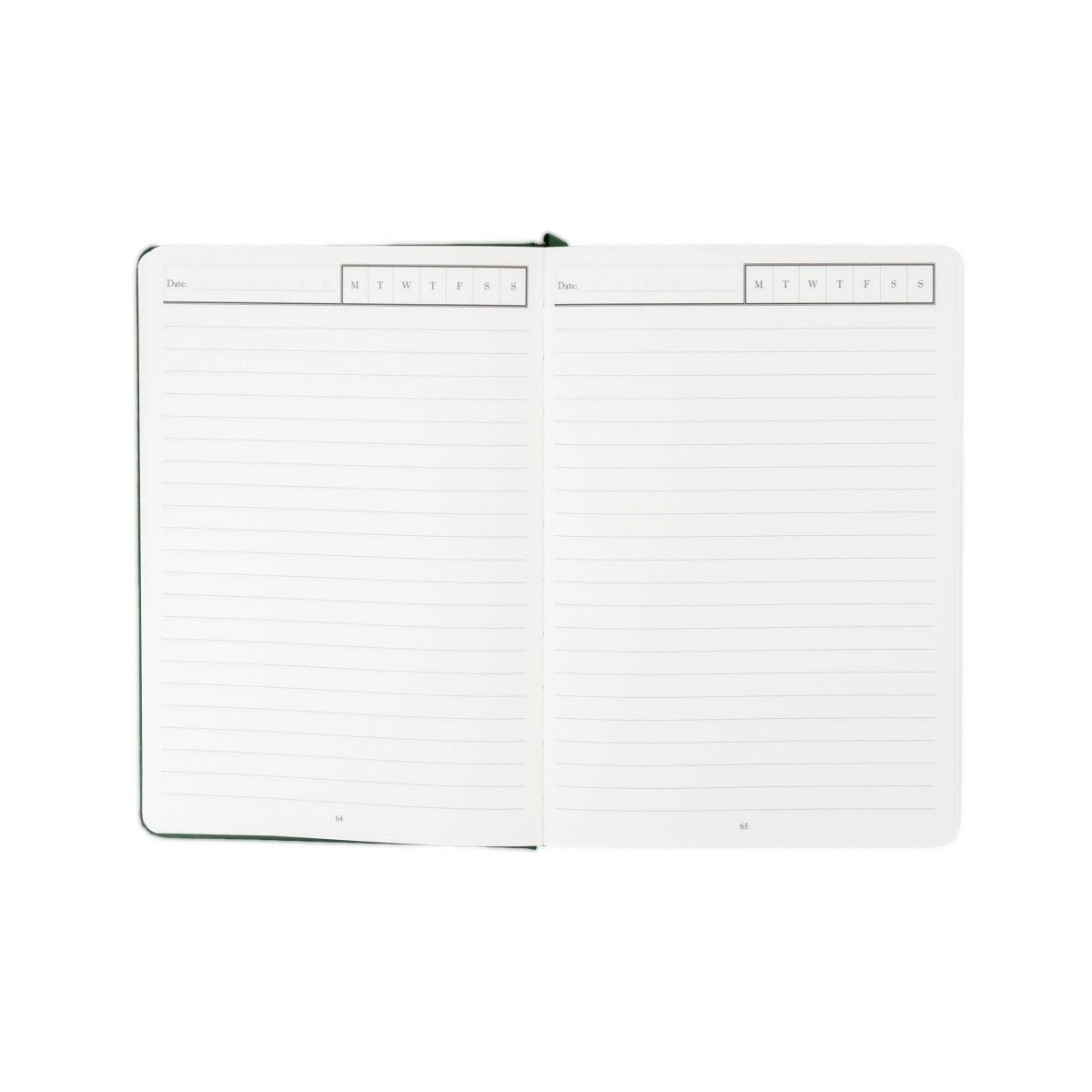 Undated planner journal opened to ruled pages with weekly header strip.