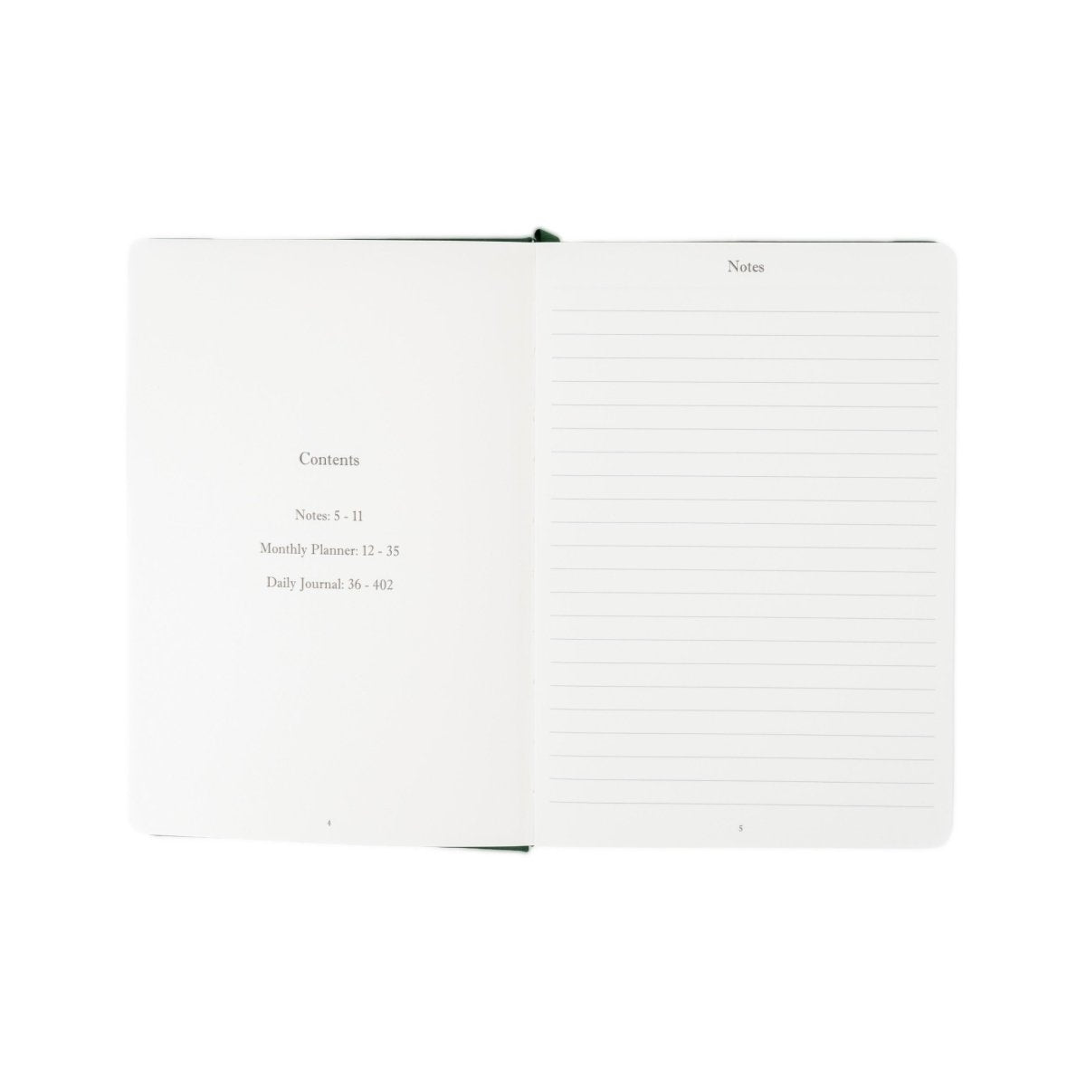 Undated executive journal open to contents and lined notes pages