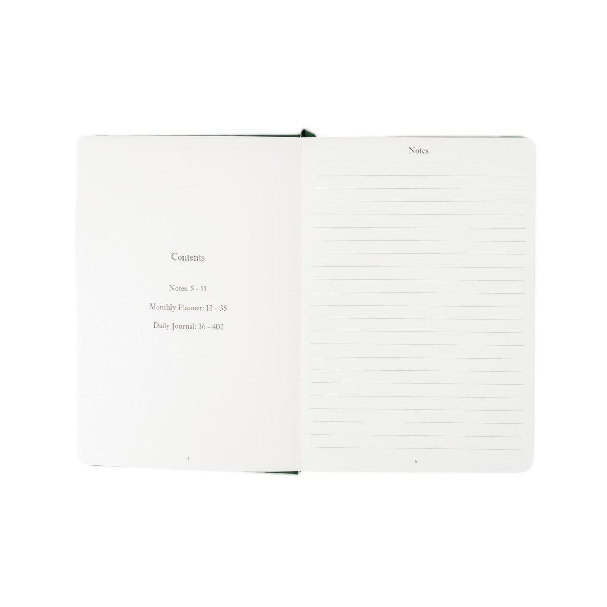 Undated executive journal opened flat: contents page and lined notes on right