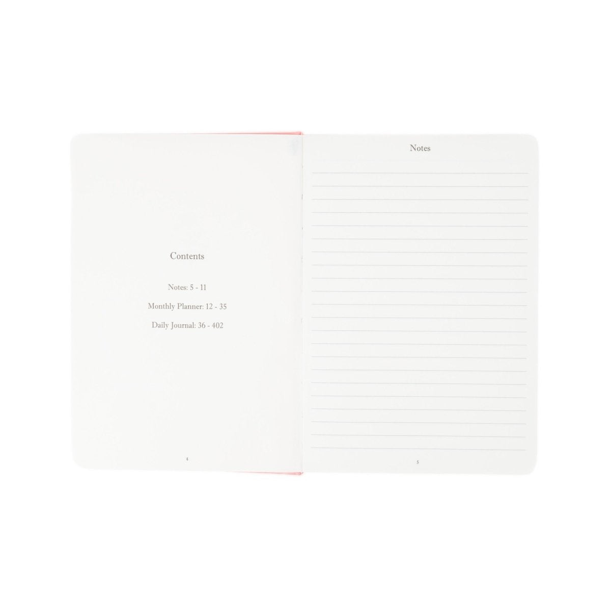 Undated executive journal open view with Contents and lined Notes pages on right
