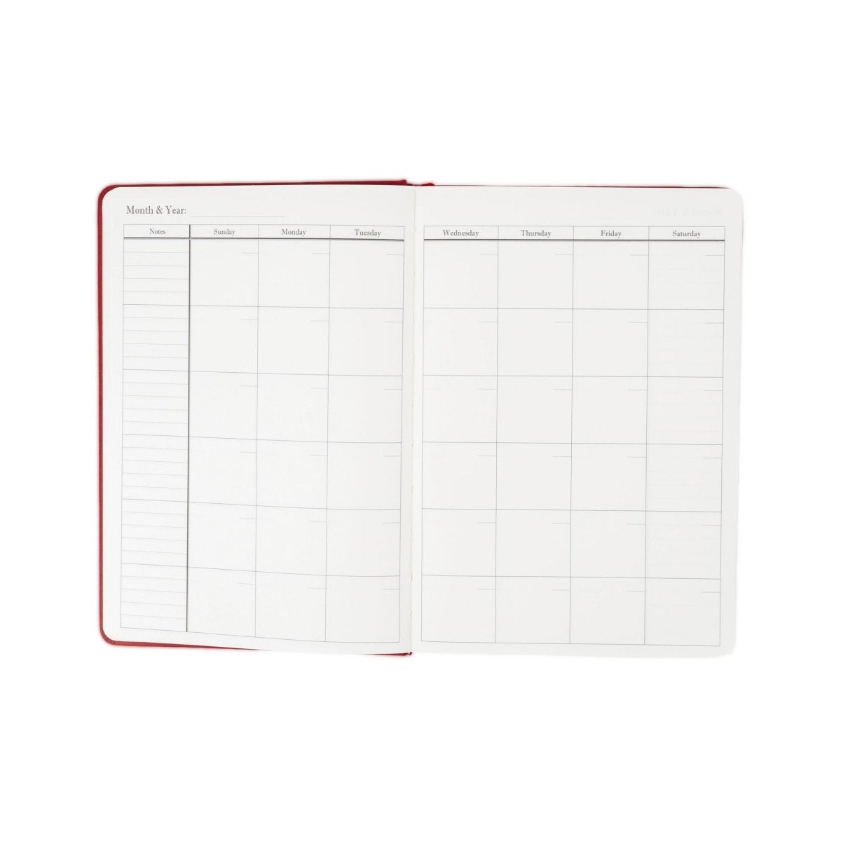 Undated executive journal, open to calendar grids with red edge trim