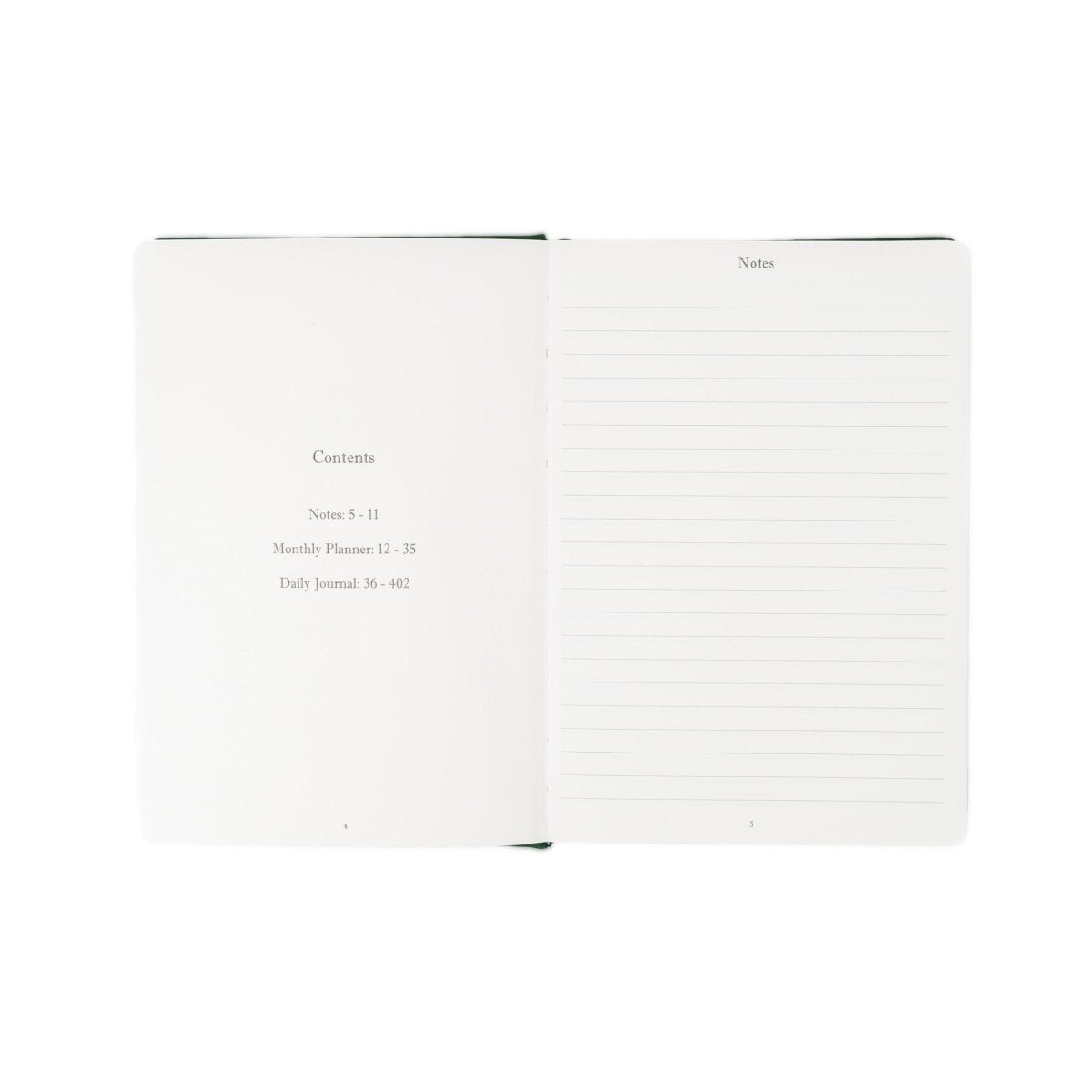 Undated executive journal open view showing Contents list and lined Notes section