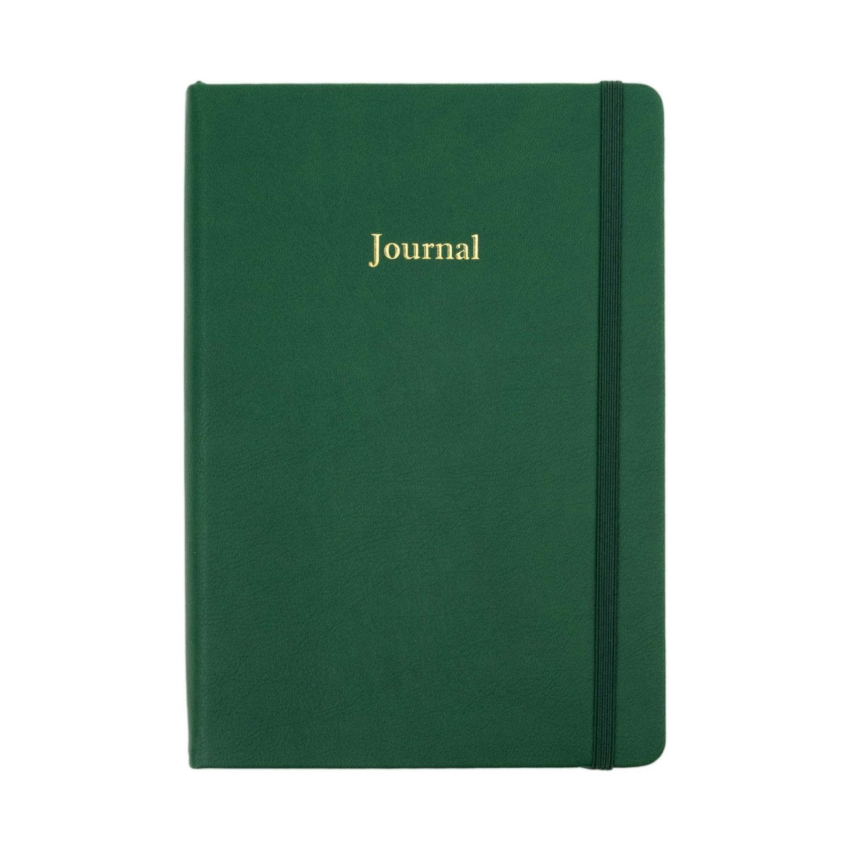 Green undated journal with “Journal” title on front and stitched binding edge.