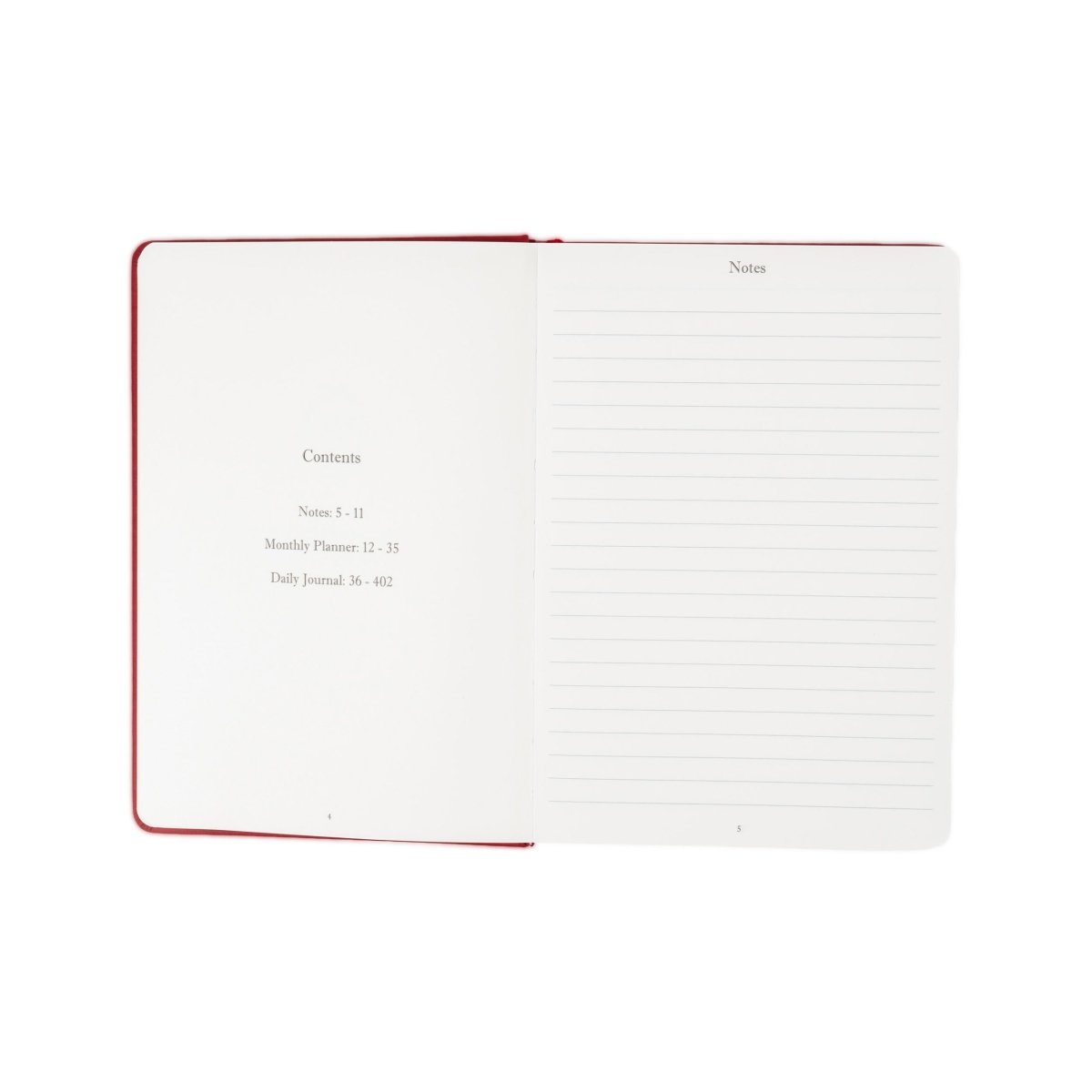 Undated executive journal, open with red trim and notes page layout