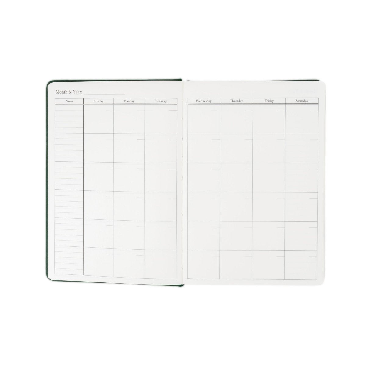Undated weekly planner journal opened flat with monthly calendar grid and days columns.