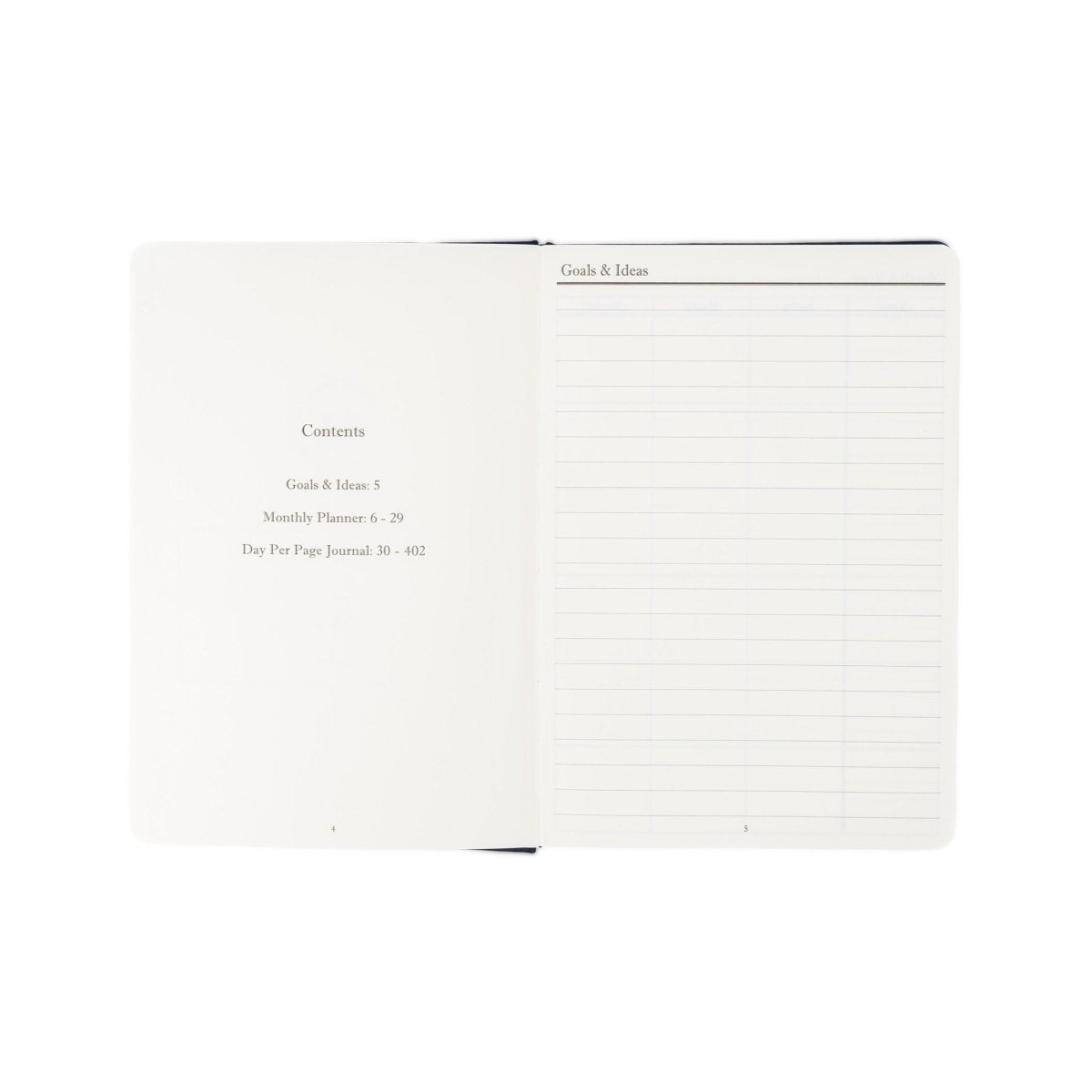 Undated executive journal, open with black trim and goals & ideas page layout