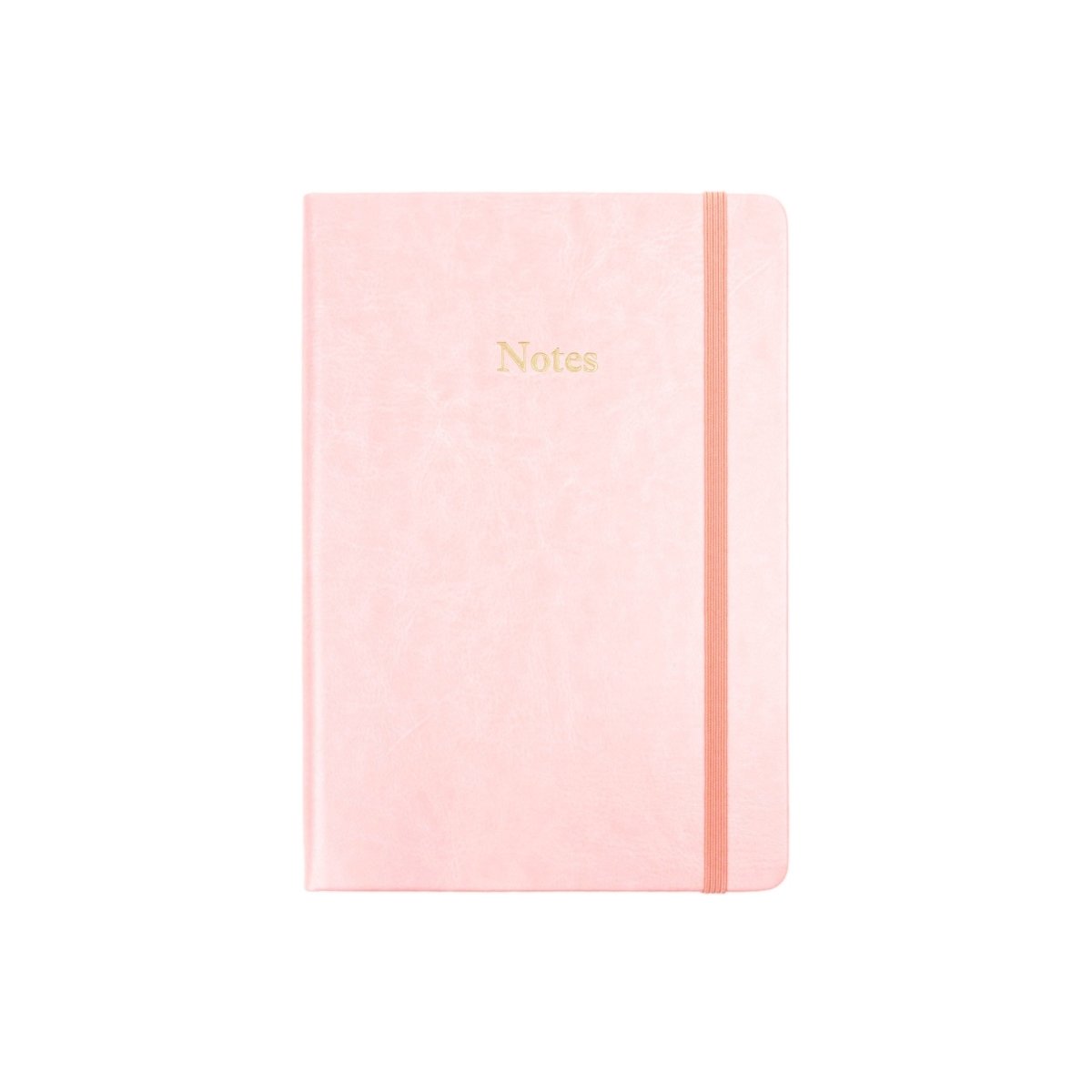 Pink executive notebook with 'Notes' on cover and vertical spine binding.