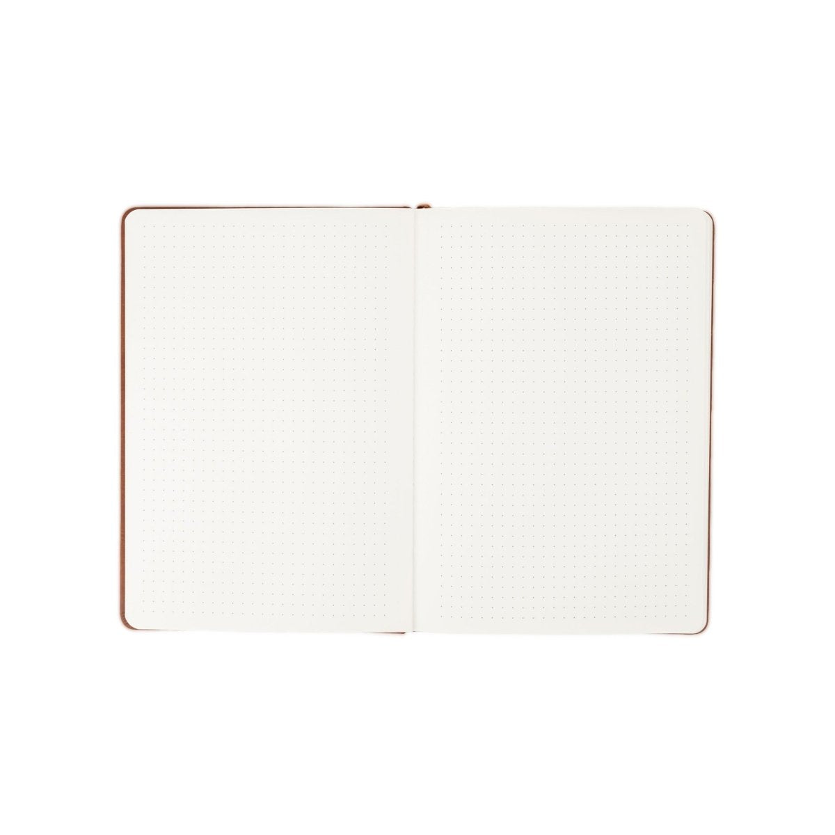 Open notebook with dotted pages and brown cover edge
