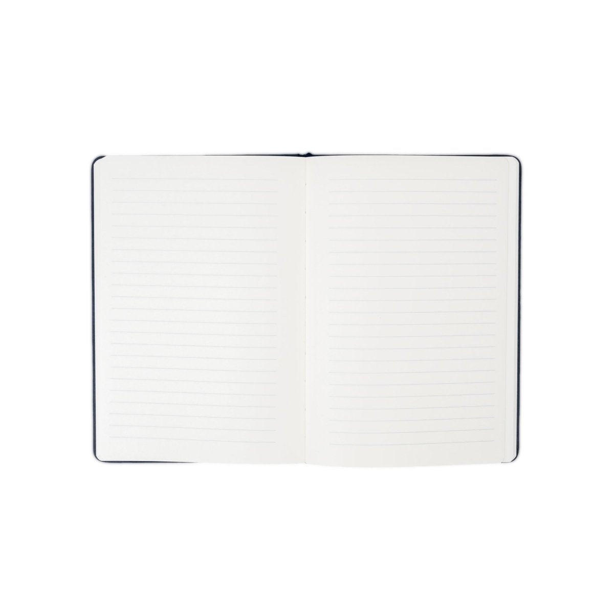 Open notebook with lined pages and dark blue cover edges