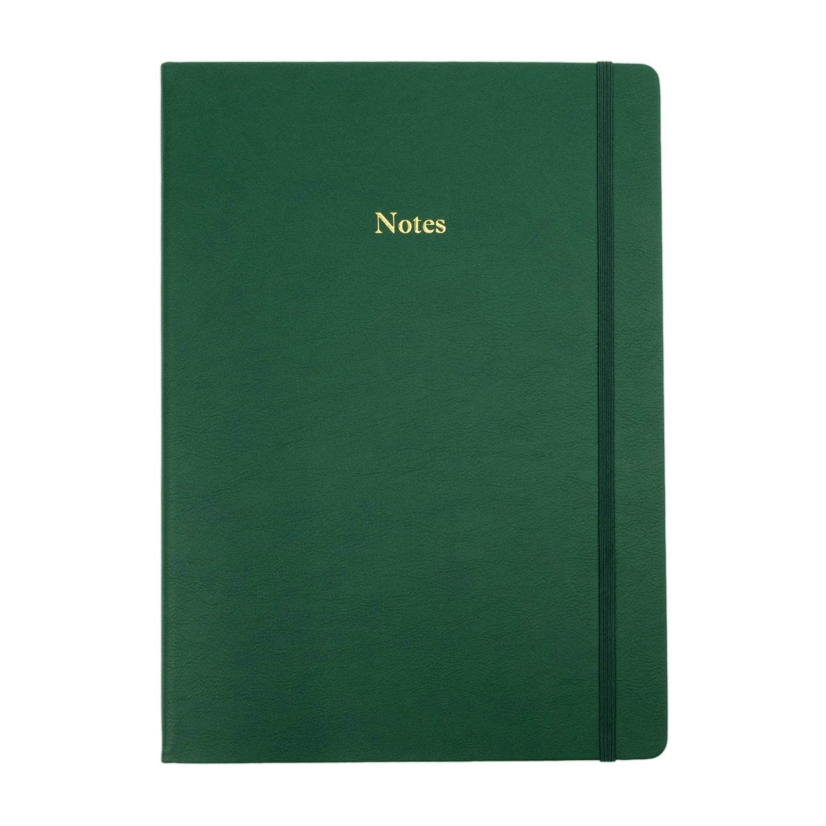 Green executive notebook with “Notes” foil on the cover and stitched vertical spine.