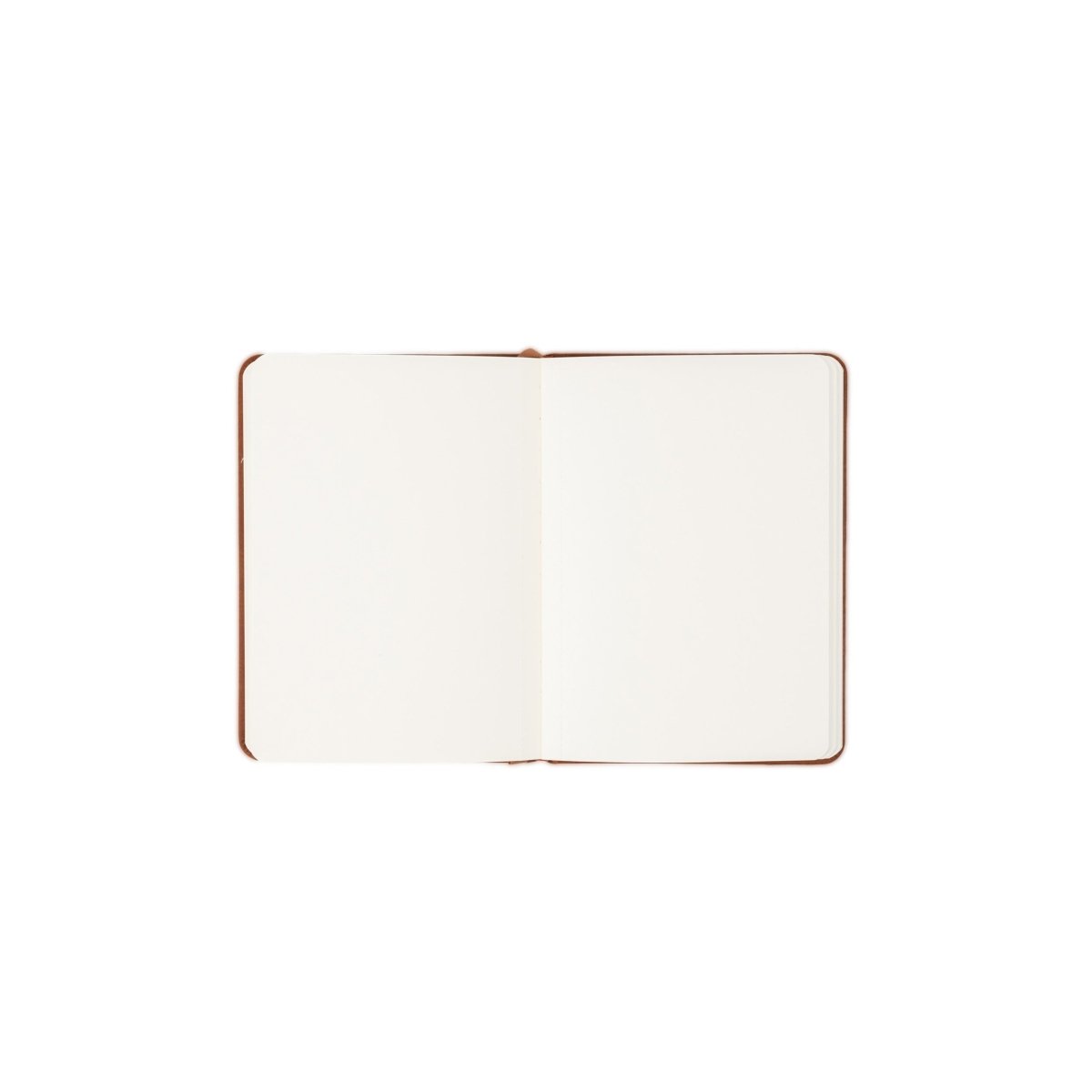 White executive notebook open, with two blank lined pages and stitched binding.