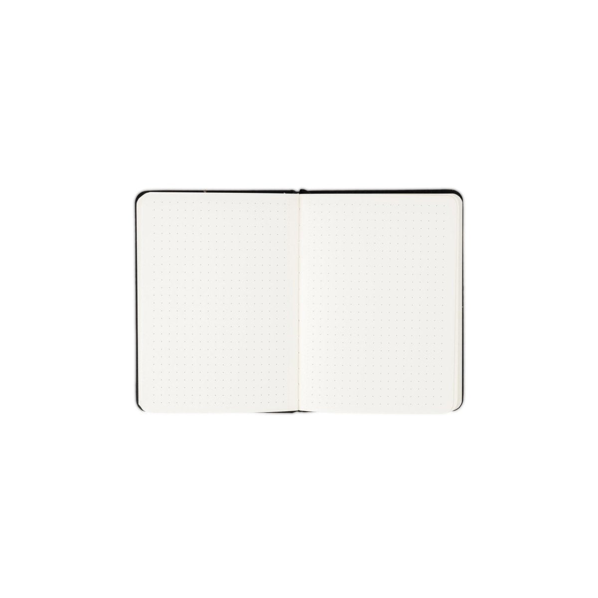 White executive notebook open with black edge trim and blank lined pages.
