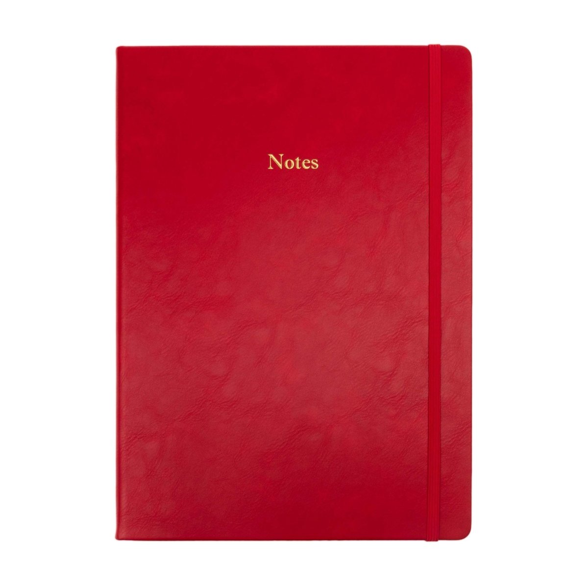 Red executive notebook with “Notes” foil on the cover and matching spine seam.