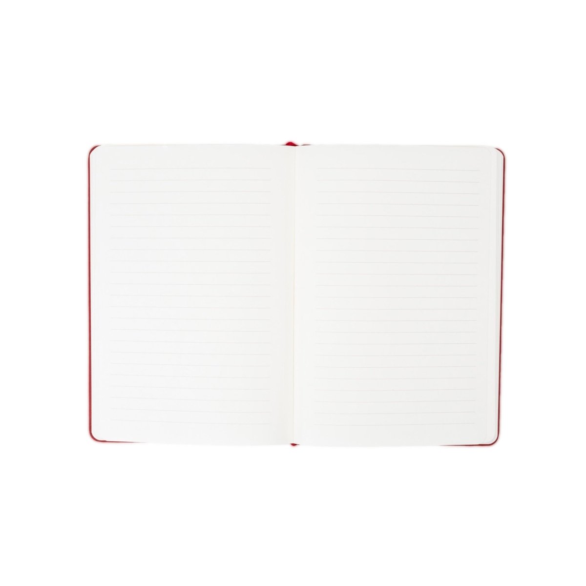 White executive notebook open, ruled pages visible and red border trim.