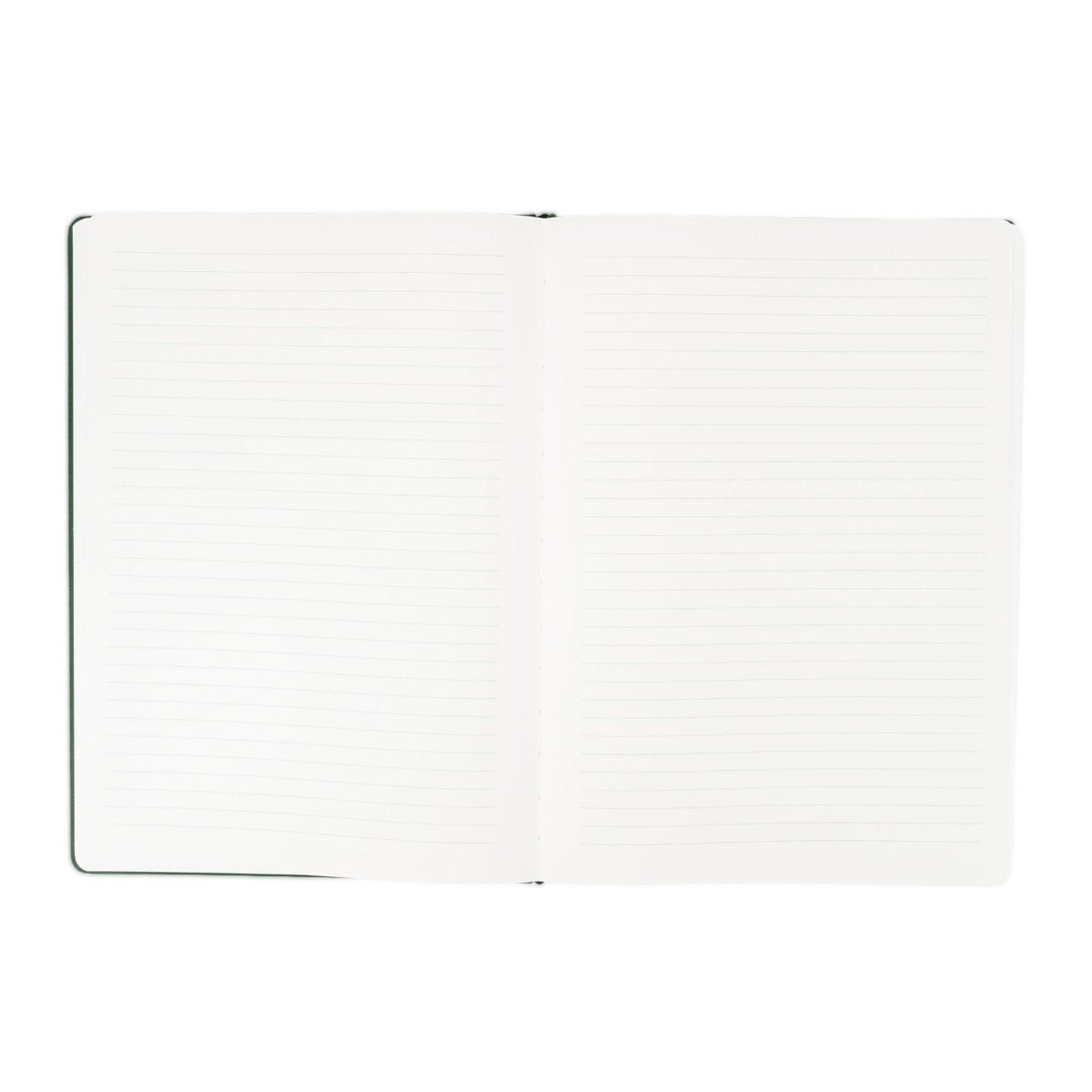 White executive notebook open with green border trim and ruled pages.
