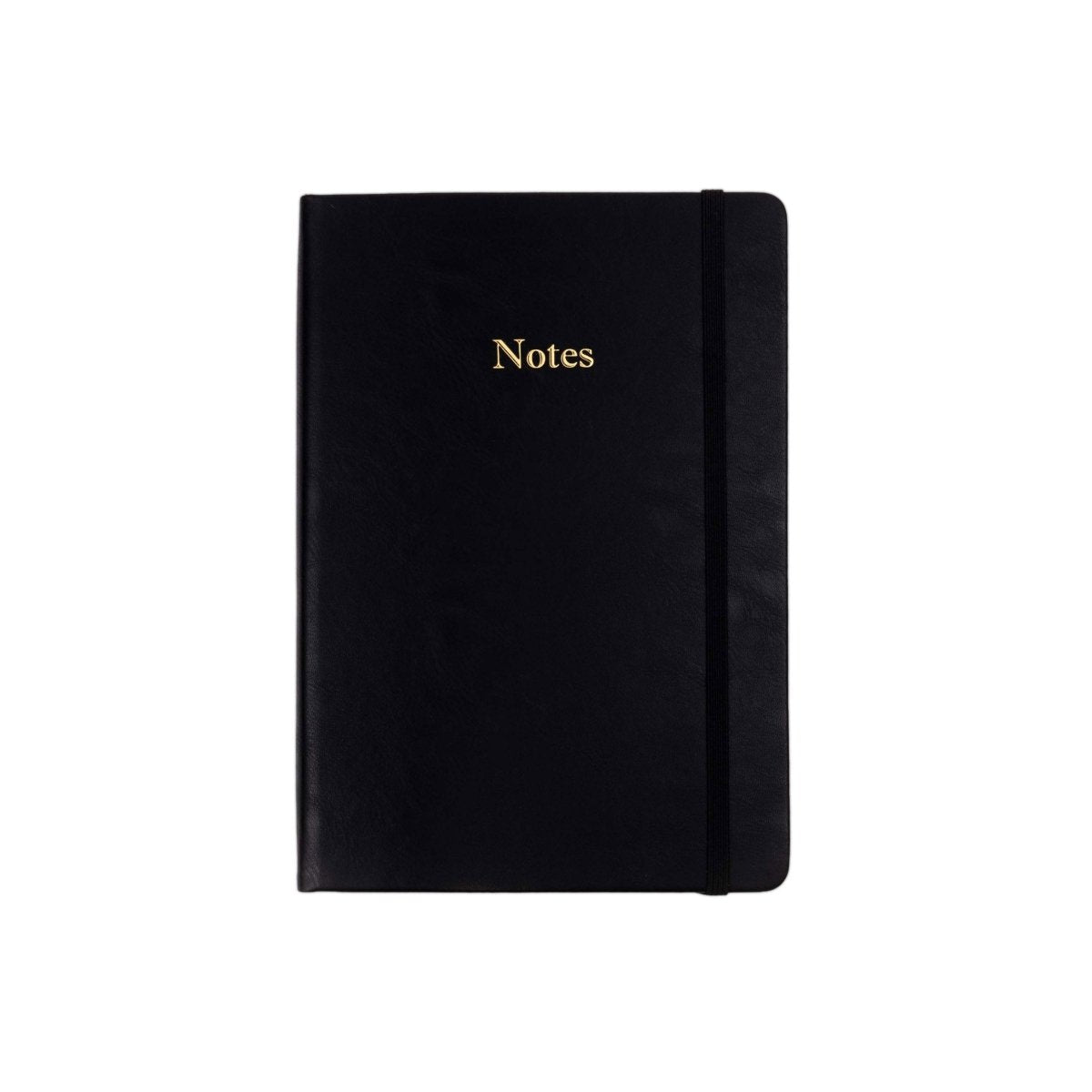 Black executive notebook with “Notes” foil on the cover and matching elastic band.
