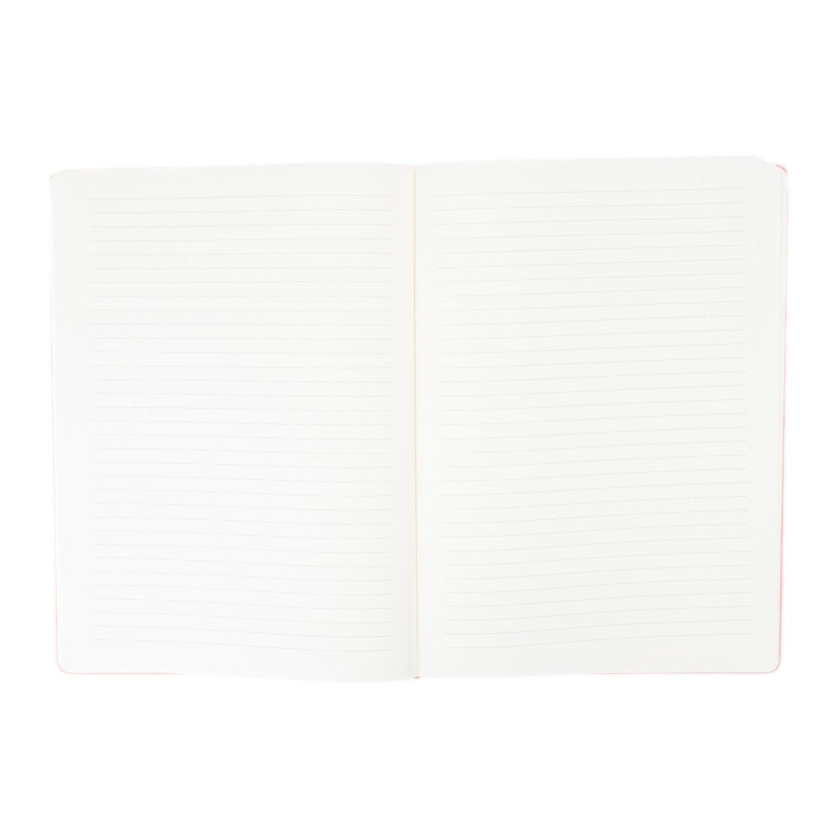 White executive notebook open, showing blank ruled pages with center seam.