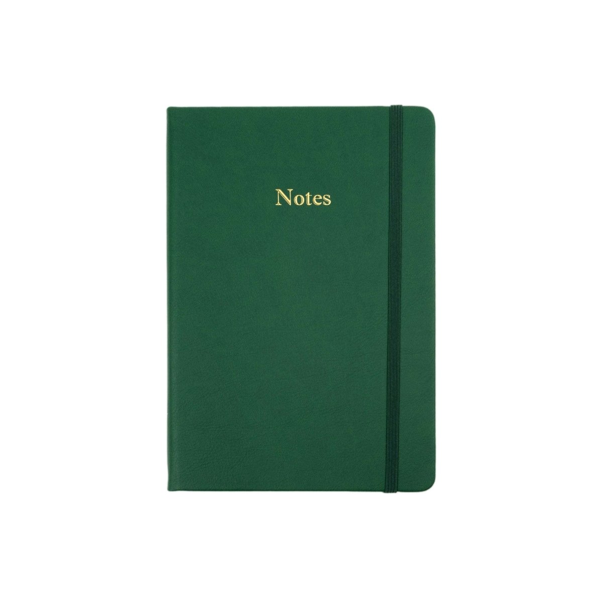 Green executive notebook with “Notes” foil on the cover and vertical spine seam.
