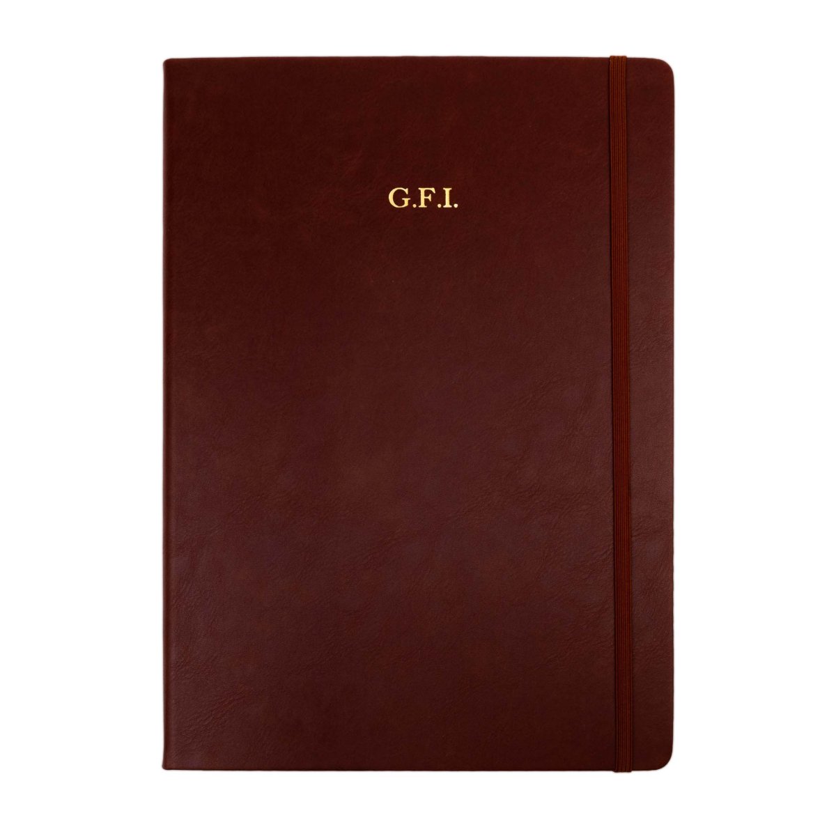 Burgundy executive notebook front cover with G.F.I. monogram and a vertical spine seam.