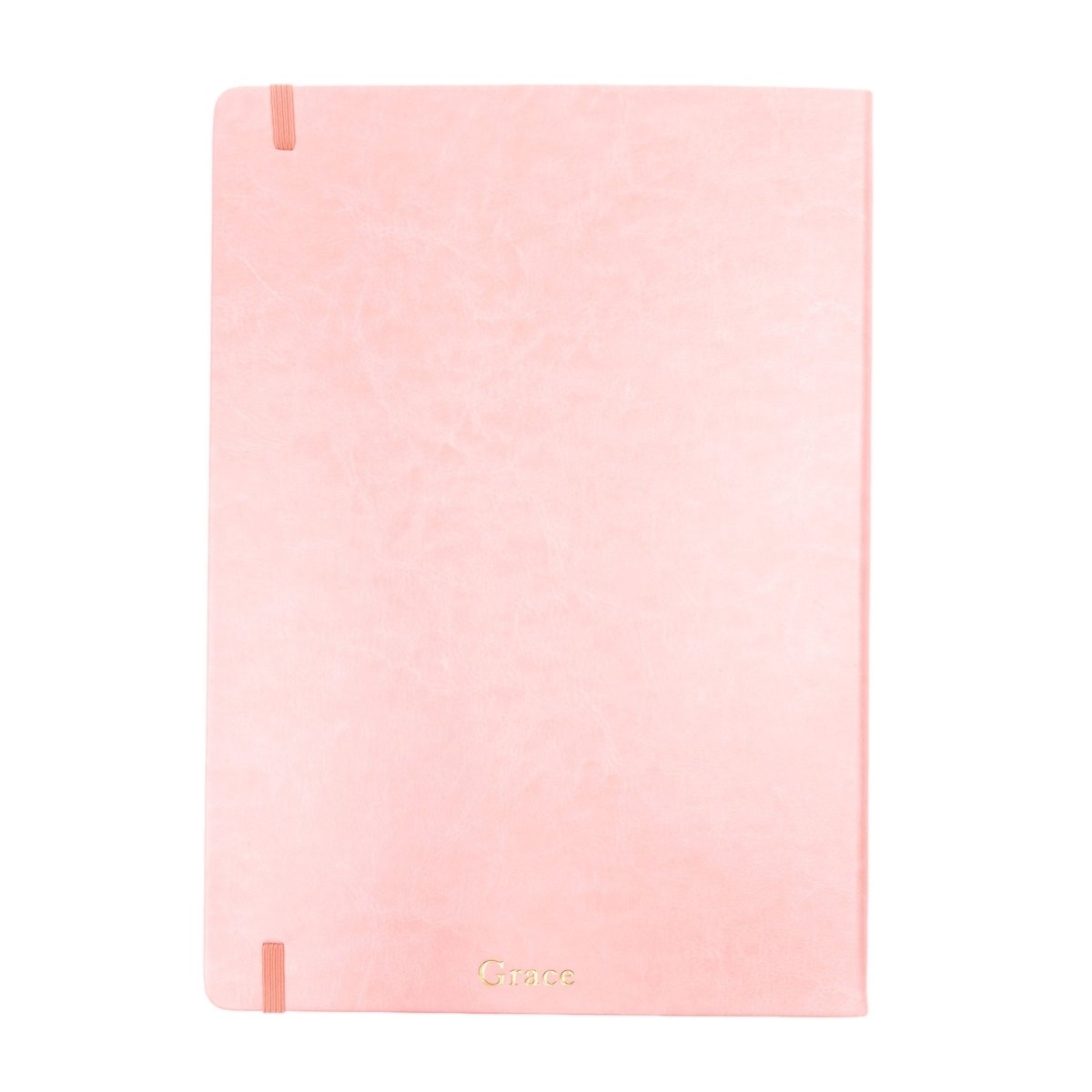 Pink executive notebook cover with corner tabs and embossed “Grace” at bottom edge
