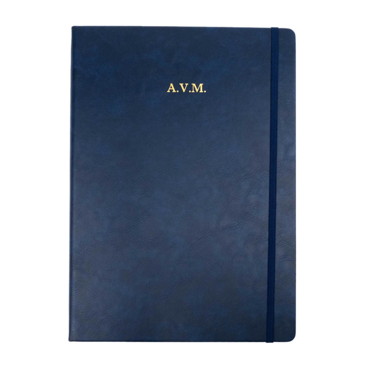 Blue executive notebook with A.V.M. monogram centered on the front cover.