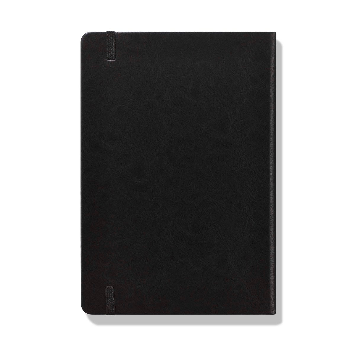 Black weekly productivity planner journal with cover and two front elastic straps