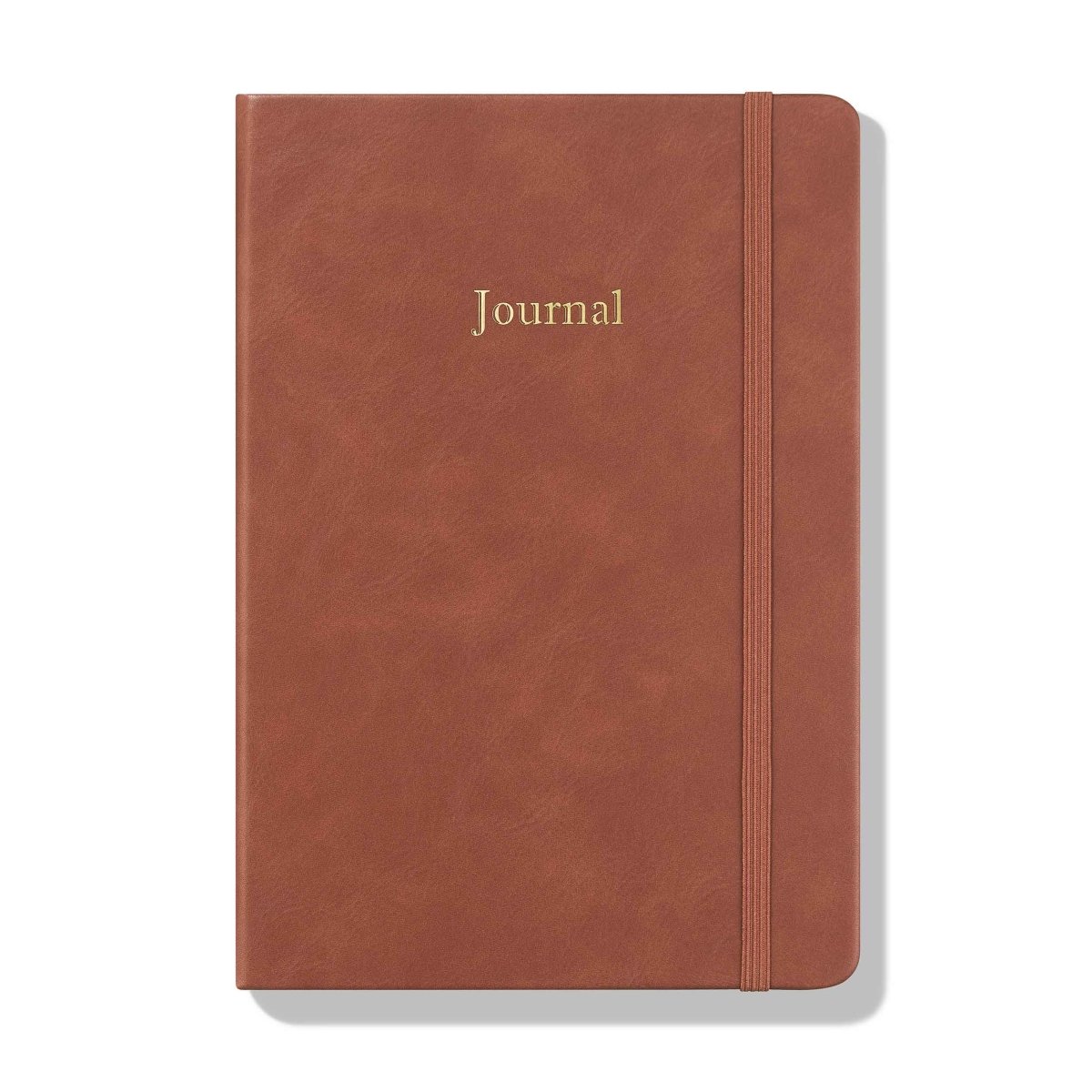 Chestnut-brown journal front cover with “Journal” text and vertical elastic band detail.