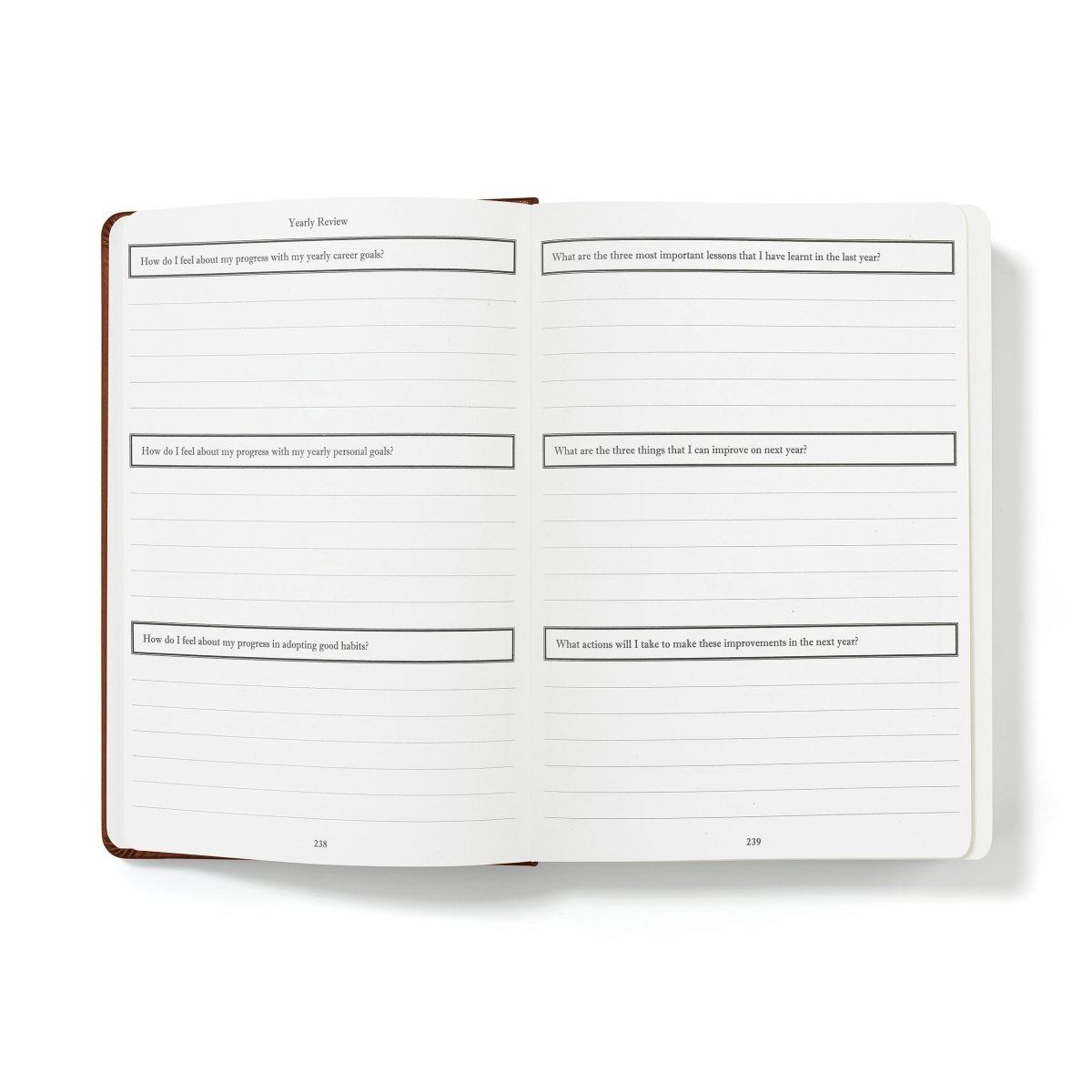 Weekly productivity planner journal, open with goal review worksheet sections