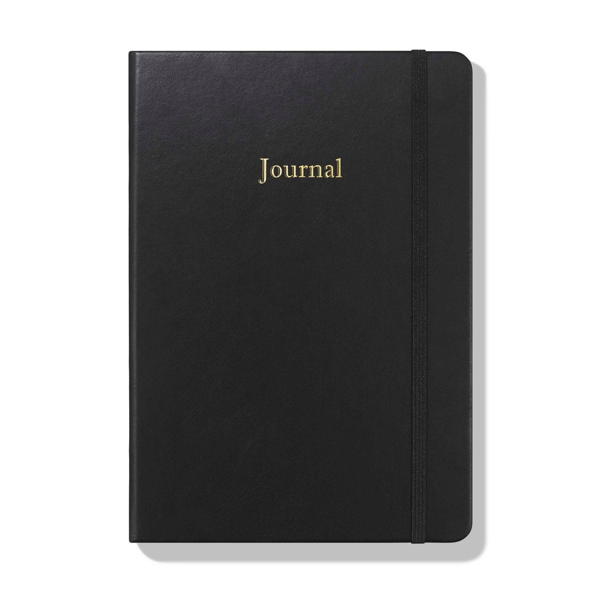 Black weekly productivity planner front cover with 'Journal' title and elastic band