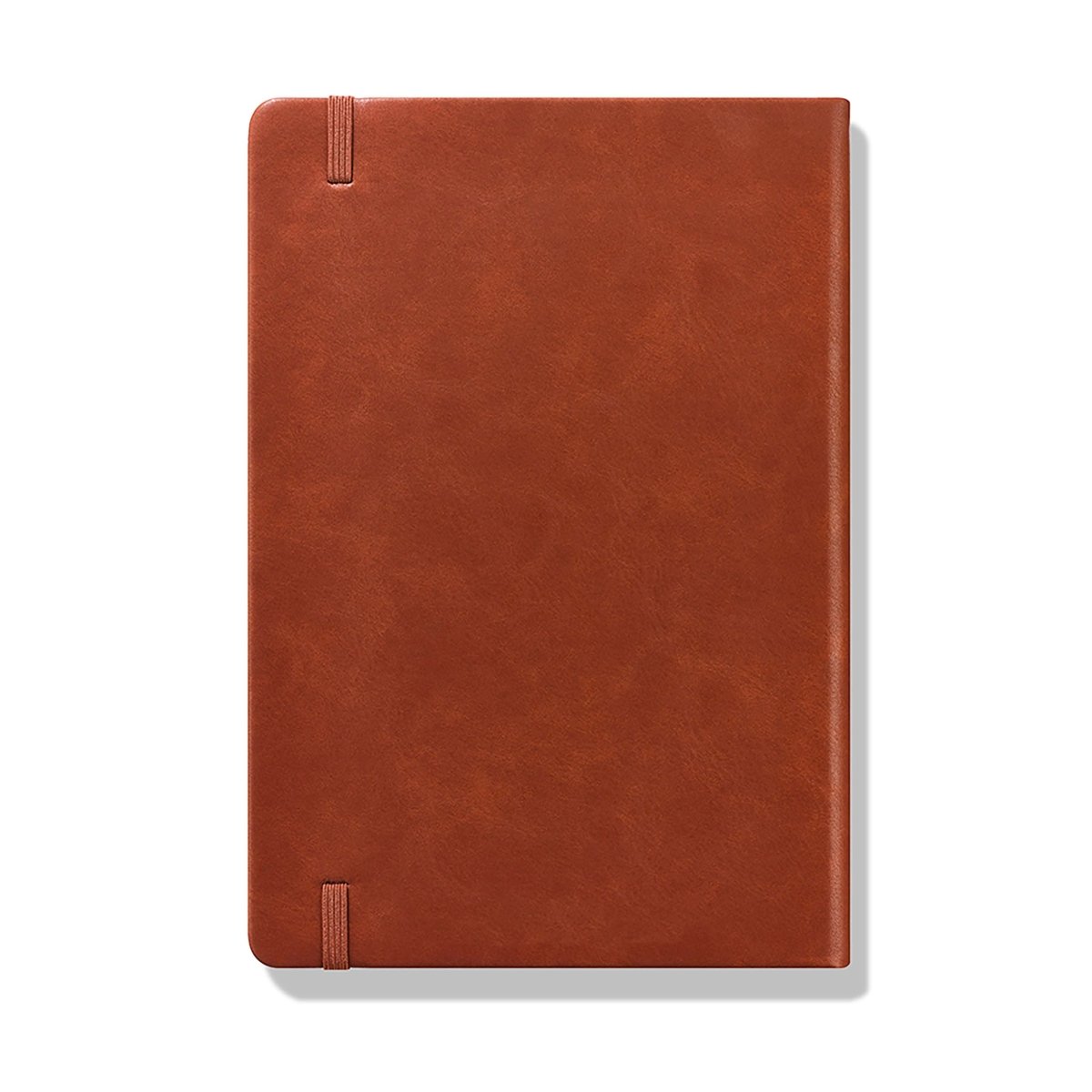 Chestnut brown financial planner journal with stitched spine and two fabric strap corners