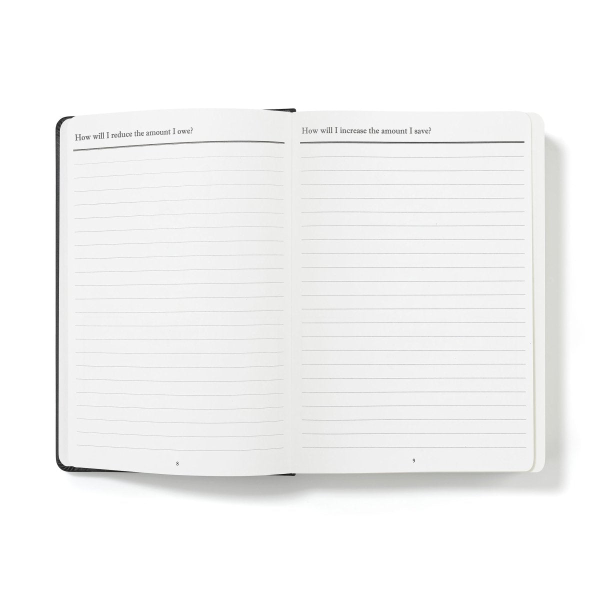 Open financial planner pages with prompt lines for spending and income planning