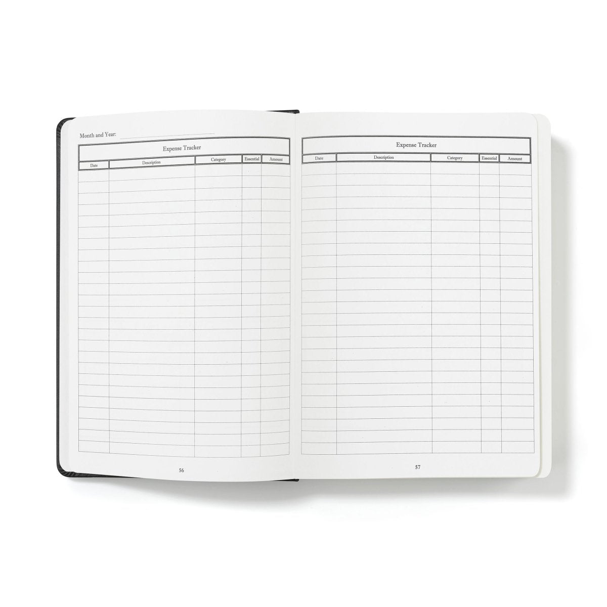 Open financial planner with expense tracker grids on two pages