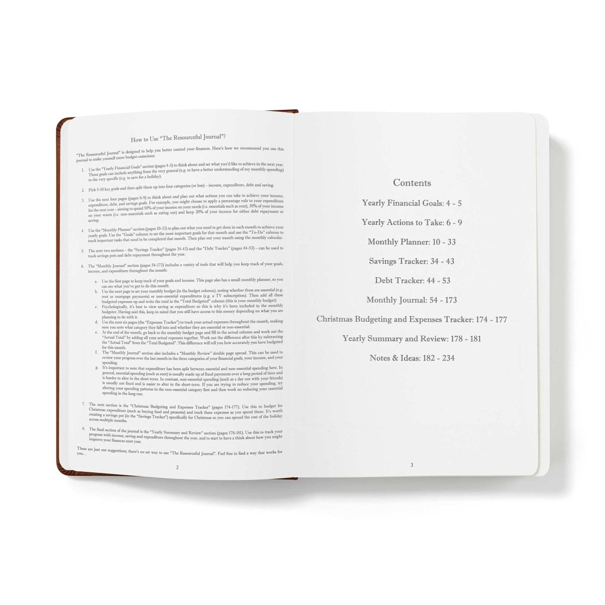 Financial planner journal open to contents page listing sections and page ranges