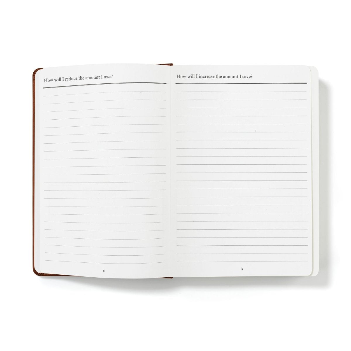 Financial planner and monthly budgeting book, open to lined pages for reducing and increasing amounts