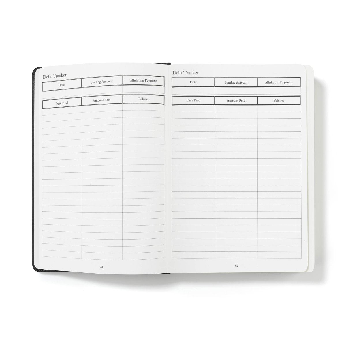 Open financial planner with debit tracker tables and blank ruled entries