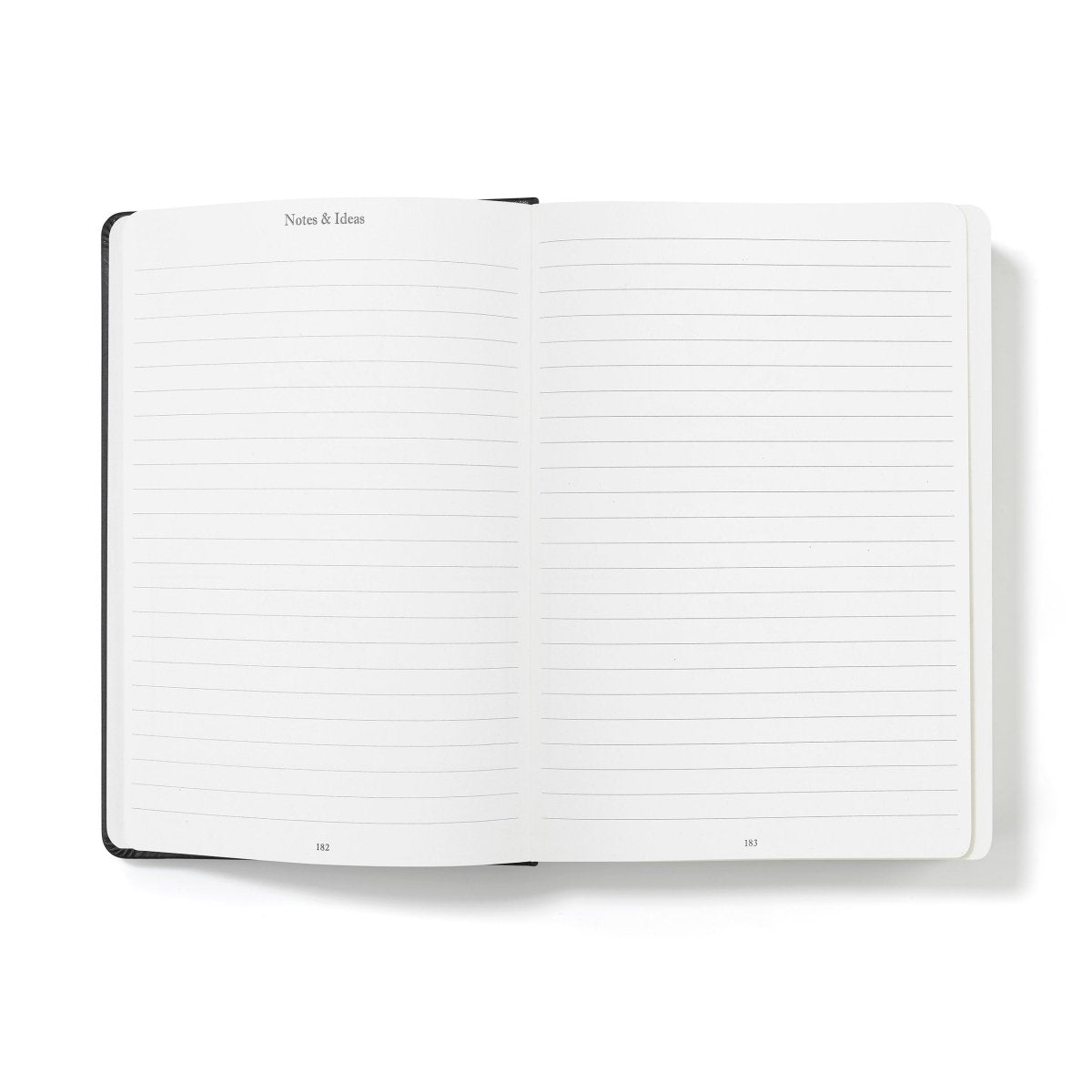 Open financial planner with blank notes pages and ruled lines, black cover