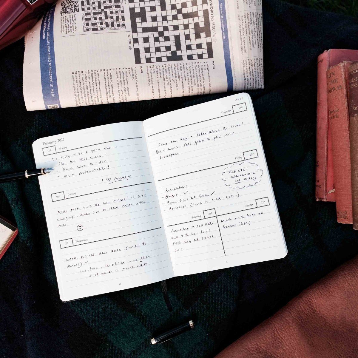 Weekly journal open to dated daily pages with handwritten notes