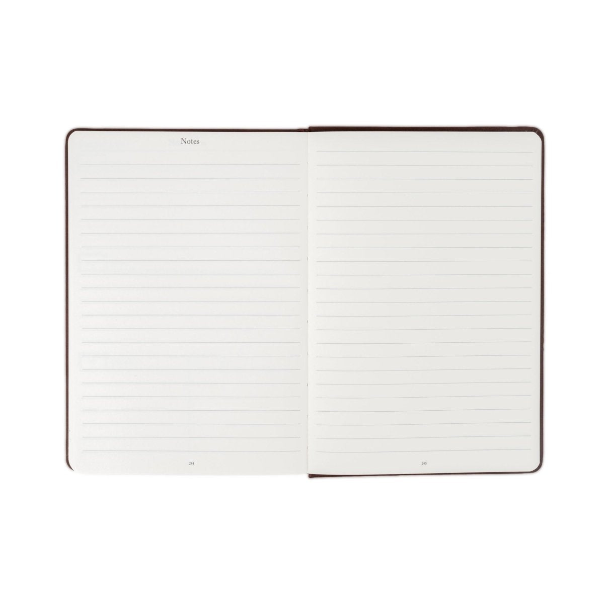 Open weekly journal with two white lined note pages and brown cover border.