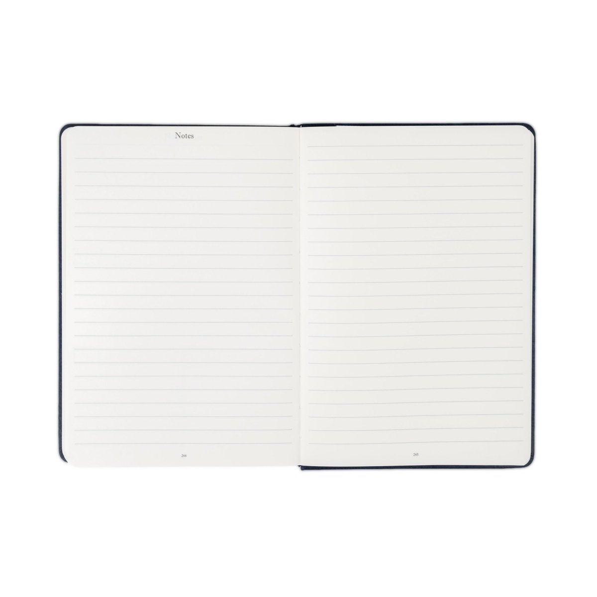 Open weekly journal with two white lined note pages and dark blue cover border.