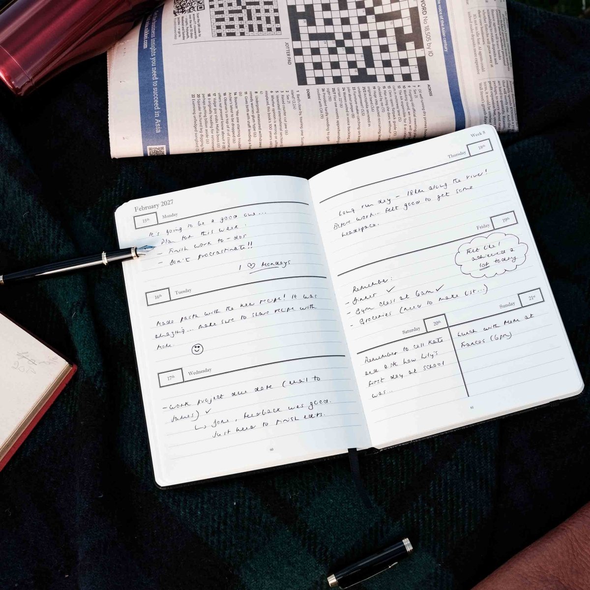 Weekly journal open to February 2027 daily planning pages