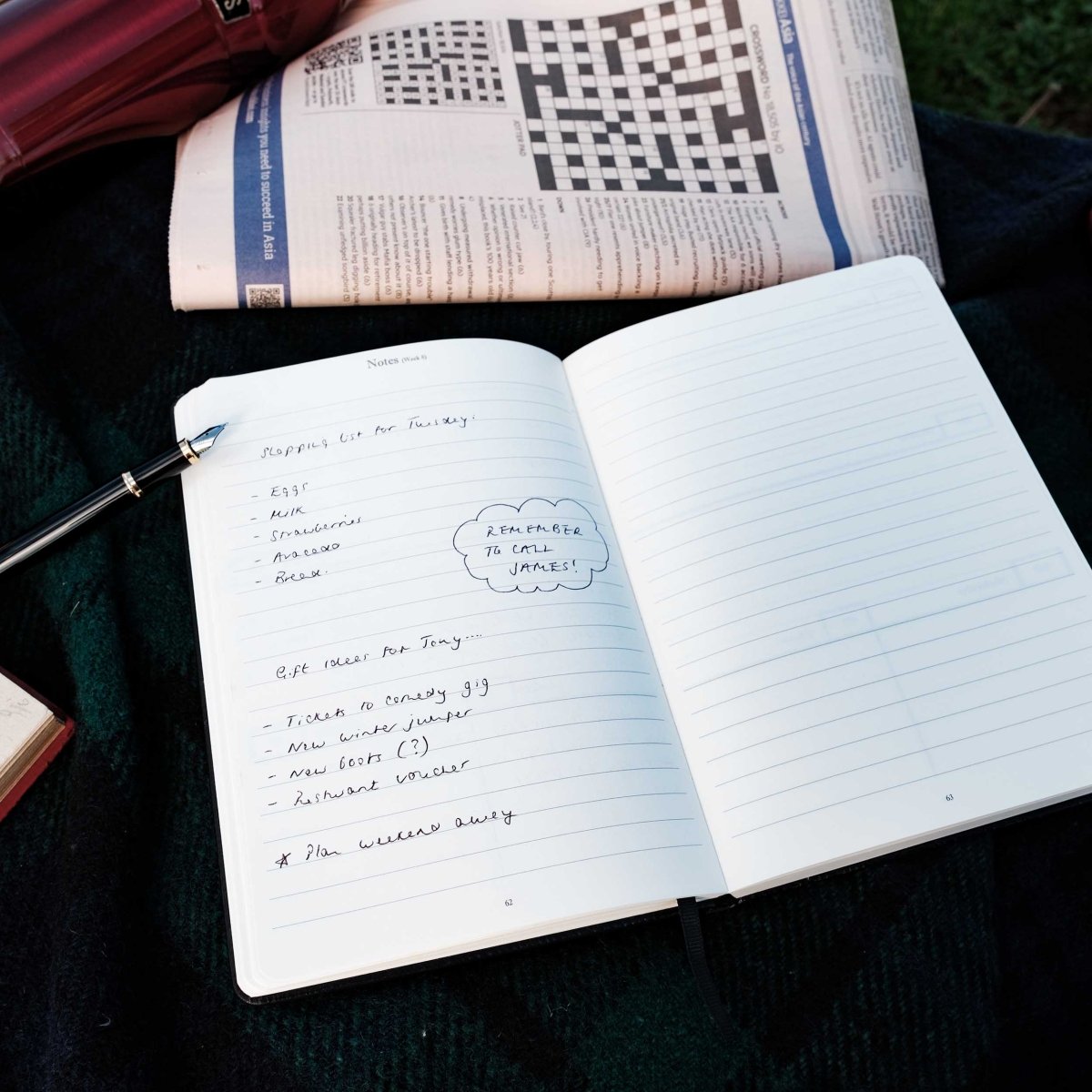 Weekly journal open to lined notes pages with handwritten lists
