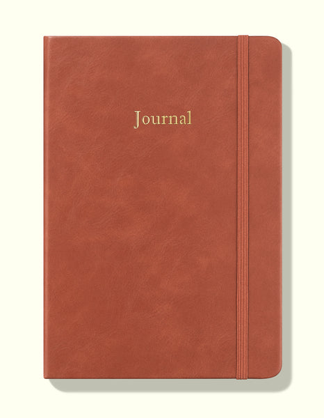 front cover of brown undated daily journal in a5 sitting on blank background