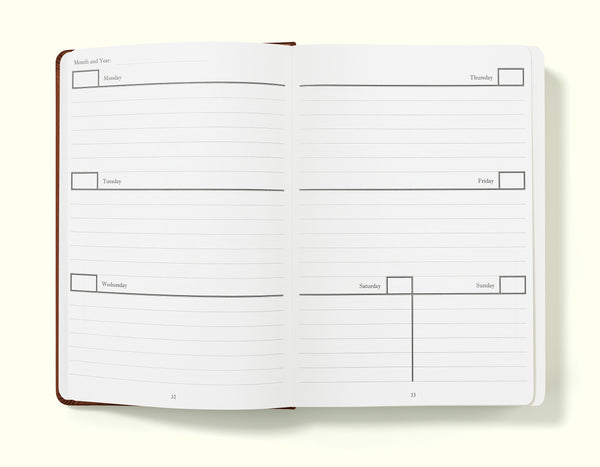 week-to-view planner of brown weekly planner in a5 on a blank background